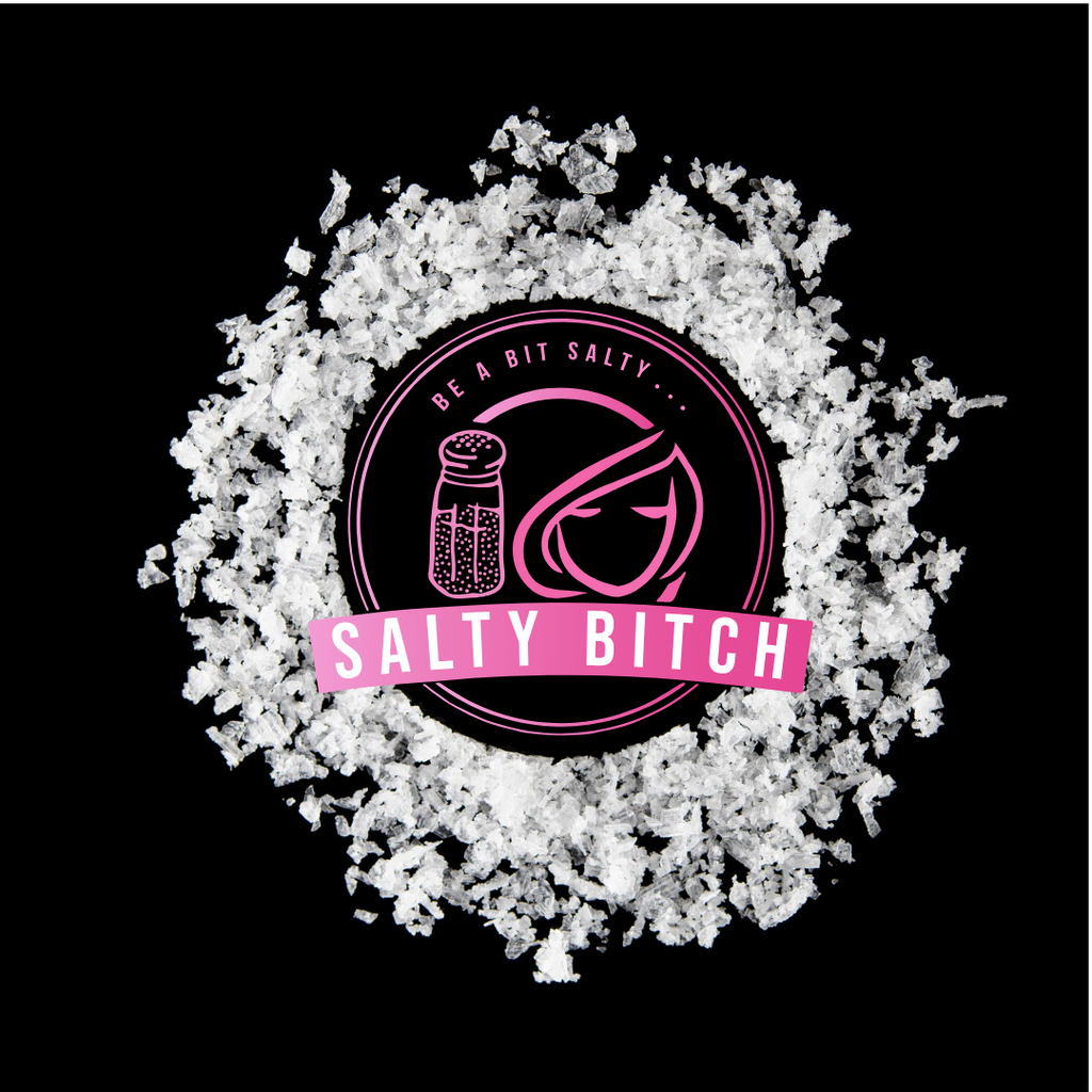Saltyshaker logo with 'Salty Bitch' text surrounded by salt crystals on a black background