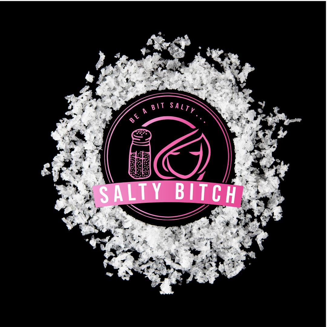 Saltyshaker logo with 'Salty Bitch' text surrounded by salt crystals on a black background