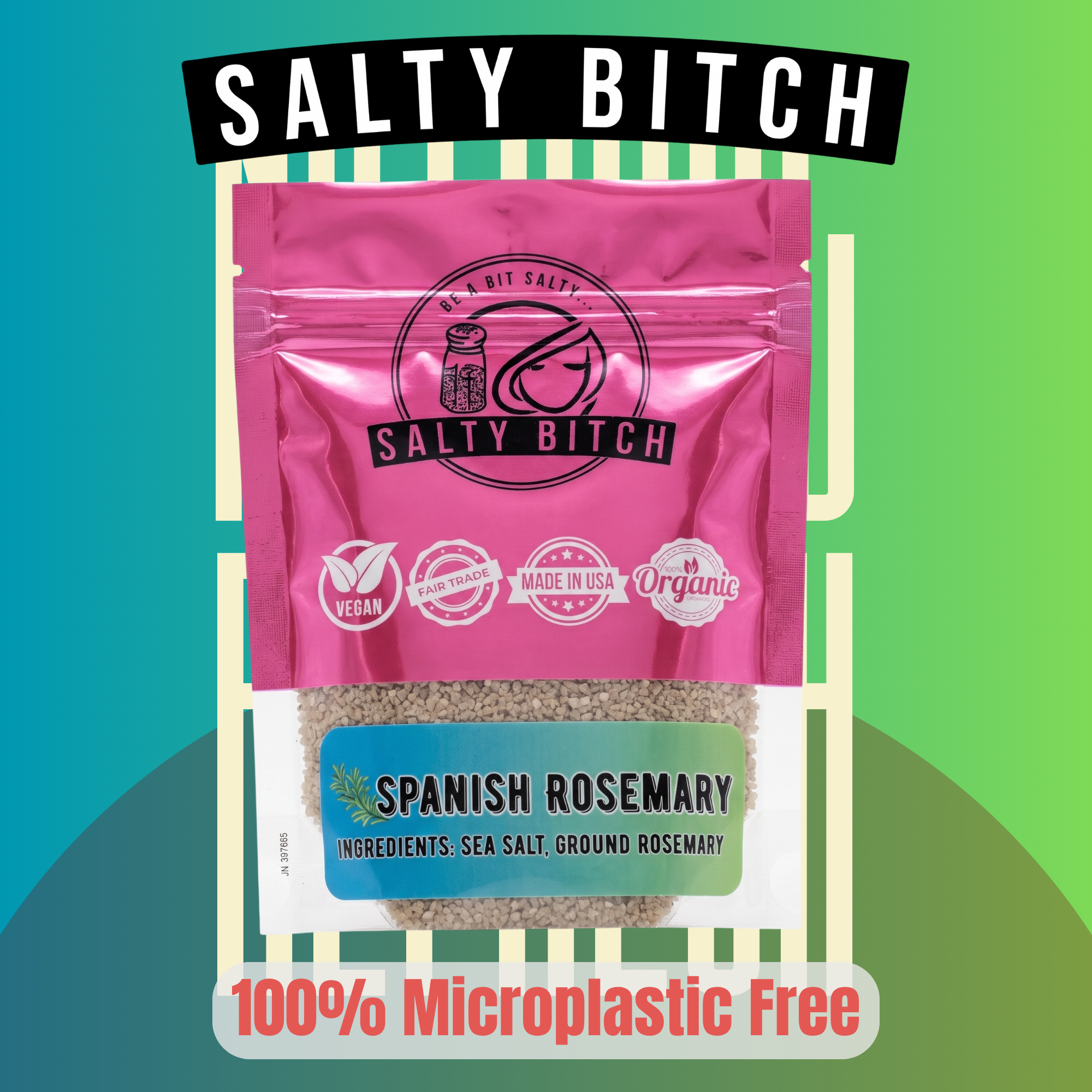 A stand-up pouch of Salty Bit Salty Spanish Rosemary sea salt and ground rosemary, featuring a bright pink upper half and a blue lower label, set against a green and blue gradient background with promotional text overlays.
